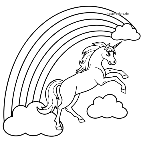 Ein Einhorn springt unter einem großen Regenbogen, umgeben von mehreren flauschigen Wolken in einer einfachen Schwarz-Weiß-Zeichnung.
