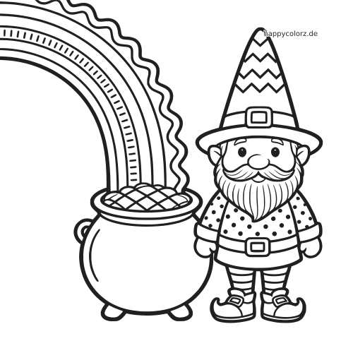 Ein Leprechaun mit Hut und Bart steht neben einem Goldtopf, in dem ein Regenbogen endet, im einfachen Comicstil.