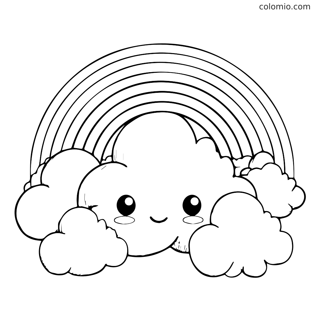 Eine fröhliche Wolke mit einem lächelnden Gesicht und einem Regenbogen darüber, zum Ausmalen gestaltet.