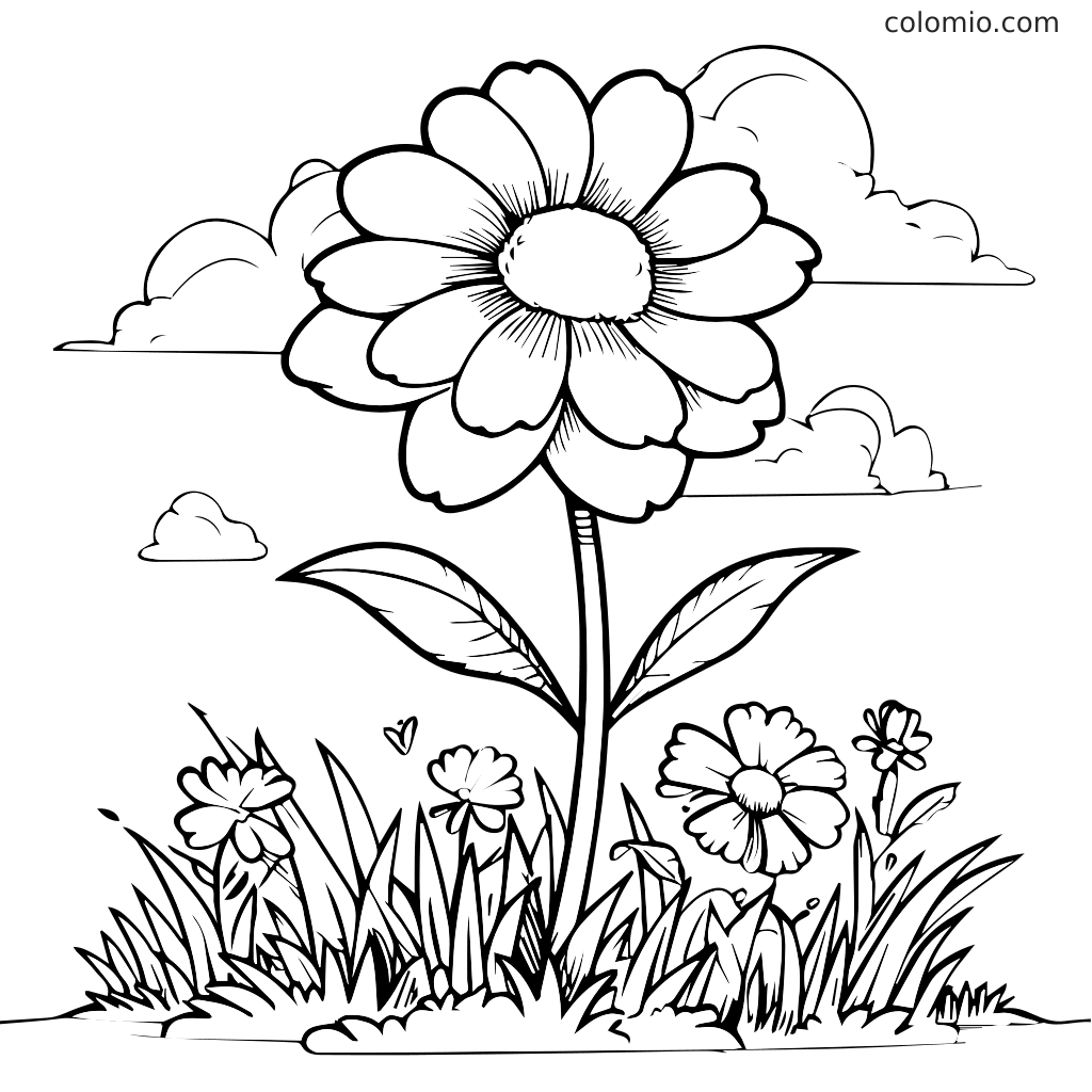 Schöne Blumenmalvorlage für Kinder Eine große Blume umgeben von kleineren Blumen und Gras unter einem bewölkten Himmel, bereit zum Ausmalen.
