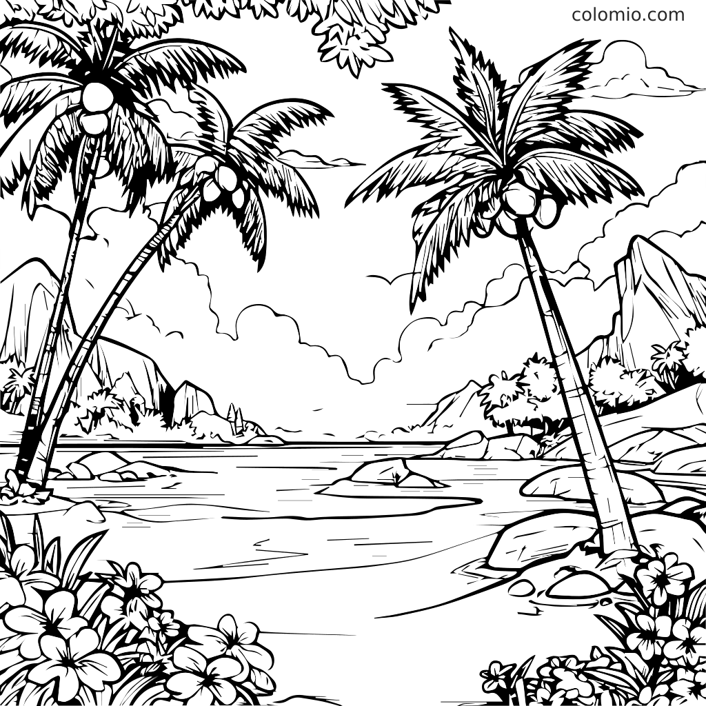 Schöne tropische Strandlandschaft zum Ausmalen Eine detaillierte Schwarz-Weiß-Ausmalseite eines tropischen Strandes mit Palmen und Blumen.