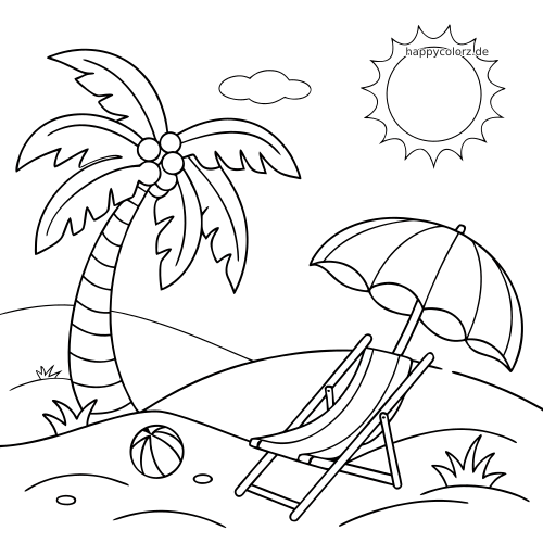 Einfache Strandszene mit Palme, Sonne, Wolke, Liegestuhl, Sonnenschirm und Ball auf sanften Sanddünen.