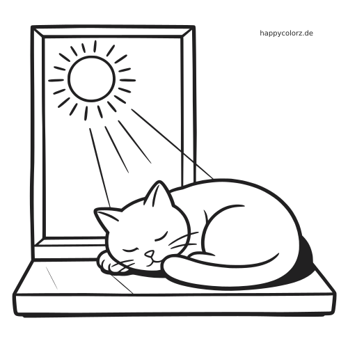 Einfache Linienzeichnung einer schlafenden Katze, die zusammengerollt auf einer Fensterbank liegt, mit Sonne im Fenster.