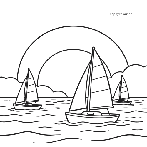 Einfaches Linienbild mit drei Segelbooten auf dem Meer bei Sonnenuntergang, großer Sonne, Wolken und sanften Wellen.