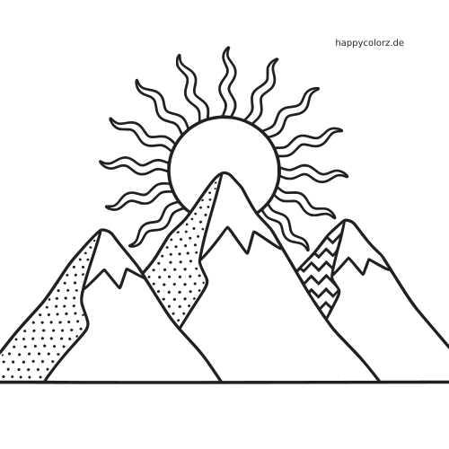 Schwarz-weißes Ausmalbild mit einer aufgehenden Sonne hinter einem Bergmassiv mit gemusterten Gipfeln und welligen Sonnenstrahlen.