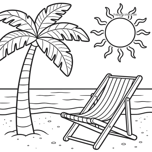 Einfaches Strandszenen-Ausmalbild mit einer Palme, Sonne, Meereswellen und einem gestreiften Liegestuhl im Sand.