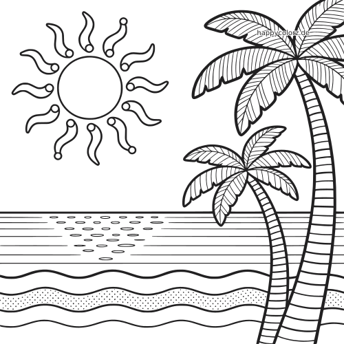 Einfache Strandszene mit großer Sonne über dem Meer und zwei Palmen im Vordergrund, in kräftigen schwarzen Umrissen gezeichnet.
