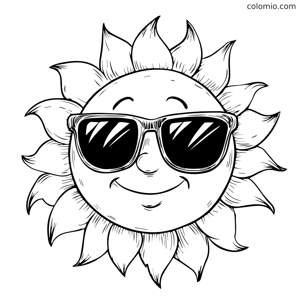 Ein fröhlicher Sonnencharakter mit Sonnenbrille, perfekt für eine lustige Malaktivität für Kinder.