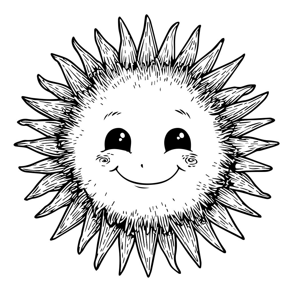 Ein fröhlicher Sonnencharakter mit einem lächelnden Gesicht und stacheligen Strahlen, zum Ausmalen.