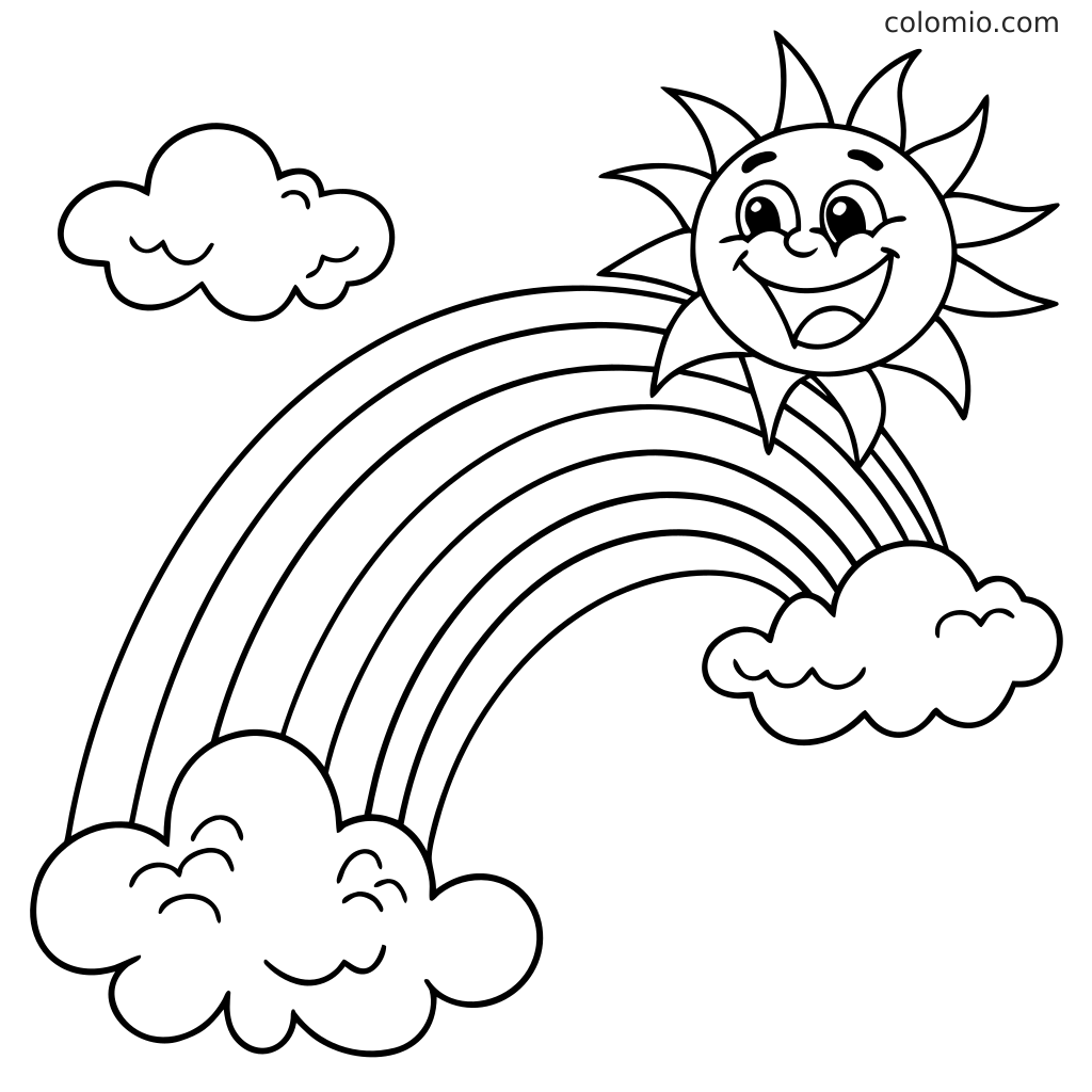 Ein Regenbogen spannt sich zwischen flauschigen Wolken, oben rechts mit einer lächelnden Sonne und links einer kleinen Wolke.