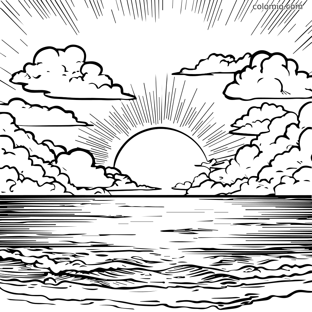 Eine Ausmalvorlage, die einen Sonnenuntergang über dem Ozean mit Wolken und Wellen darstellt.