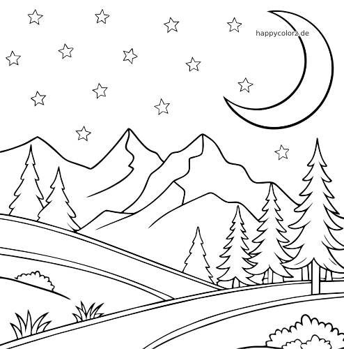 Berglandschaft bei Nacht mit Tannen, sanften Hügeln, Sternen und einer großen Mondsichel am Himmel.