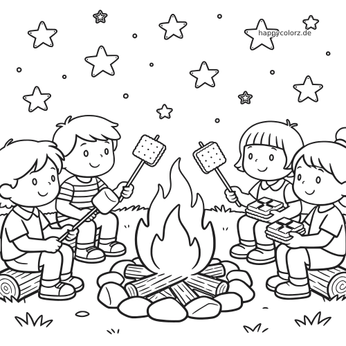 Vier Kinder sitzen nachts unter einem sternenklaren Himmel um ein Lagerfeuer und rösten Marshmallows für S’mores.