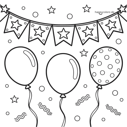 Ein einfaches Geburtstagsmotiv mit Sternen-Girlande, drei Ballons, Konfettipunkten und Luftschlangen in klaren schwarzen Umrissen.