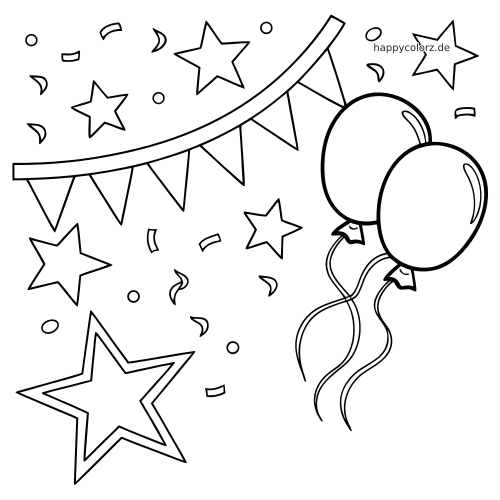 Geburtstagsmotiv mit gebogener Sternengirlande, zwei schwebenden Ballons rechts und verstreuten Konfetti-Formen.