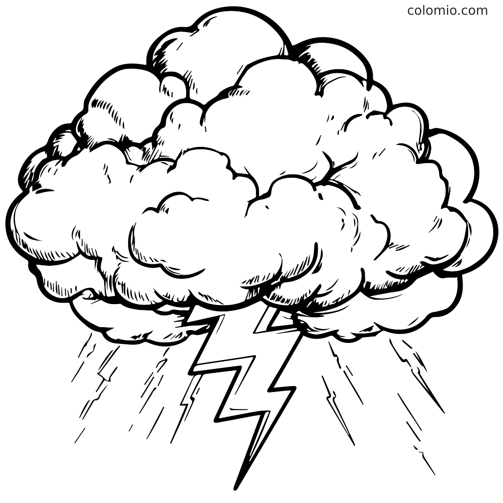 Eine schwarz-weiße Illustration einer Gewitterwolke mit Blitz und Regen, perfekt zum Ausmalen.