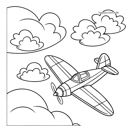 Ein einfaches Flugzeug fliegt zwischen großen, bauschigen Wolken in einer klaren Schwarz-Weiß-Zeichnung.
