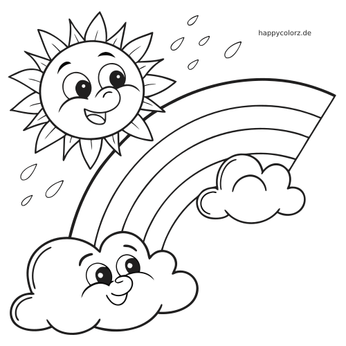 Eine fröhliche Wolke unter einem Regenbogen mit lächelnder Sonne, kleiner Wolke und Regentropfen im einfachen Comicstil.