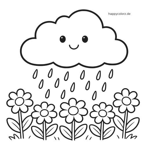 Eine lächelnde Regenwolke mit fallenden Regentropfen über einem einfachen Blumengarten mit fünf blühenden Blumen.