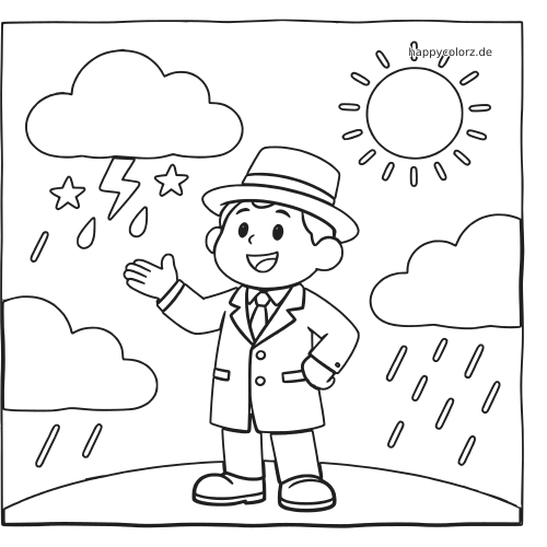 Ein Wettermoderator steht lächelnd zwischen Sonne, Wolken, Regentropfen, Blitz und Wettersymbolen in einer einfachen Umrisszeichnung.