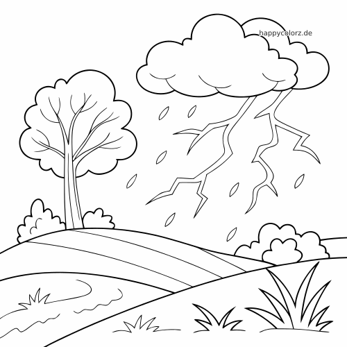 Einfache Linienzeichnung einer Gewitterwolke mit Blitzen über sanften Hügeln, dazu ein Baum, Büsche und wehende Blätter.