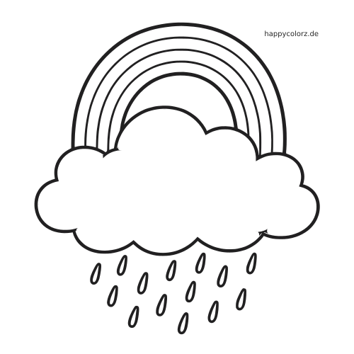 Einfache Umrisszeichnung einer großen Regenwolke mit fallenden Regentropfen und einem Regenbogen darüber.