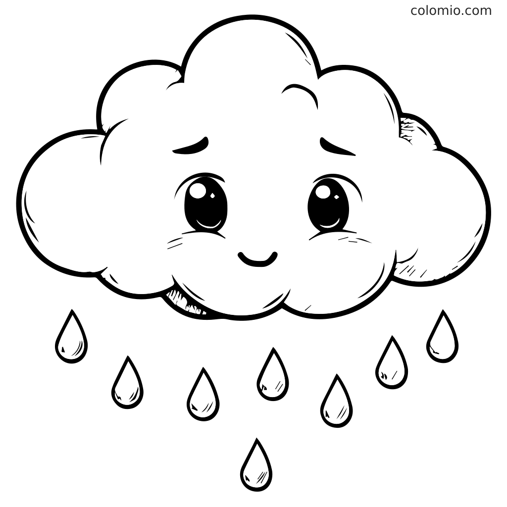Eine lächelnde Cartoon-Wolke mit fallenden Regentropfen, die zum Ausmalen gedacht ist.