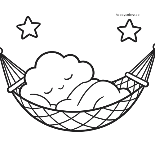 Eine schlafende Wolke liegt in einer geflochtenen Hängematte zwischen zwei Sternen in einer einfachen Nachtszene.