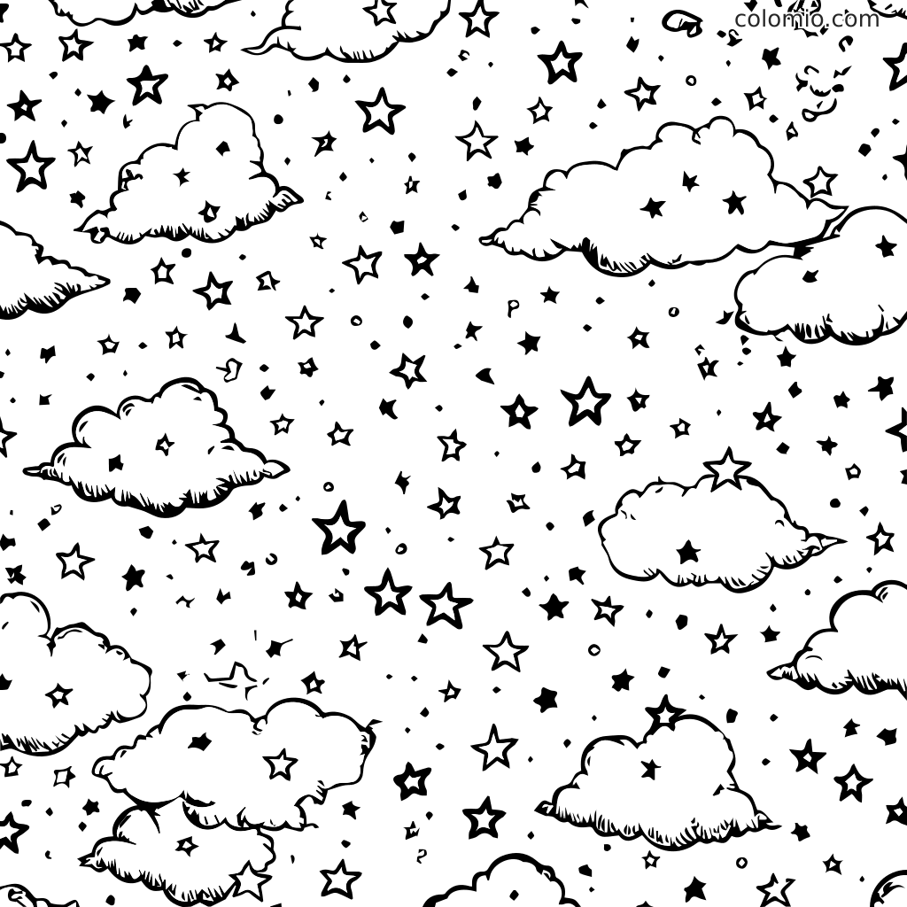 Eine Schwarz-Weiß-Malvorlage mit flauschigen Wolken und funkelnden Sternen, die über die Seite verteilt sind.
