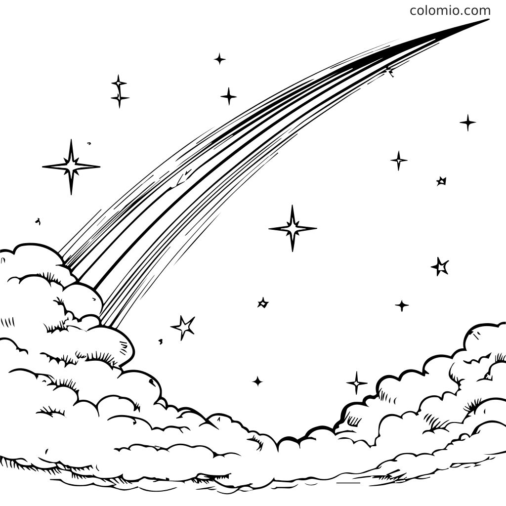 Eine Malvorlage mit verspielten Wolken, Sternen und einem Kometen am Nachthimmel.