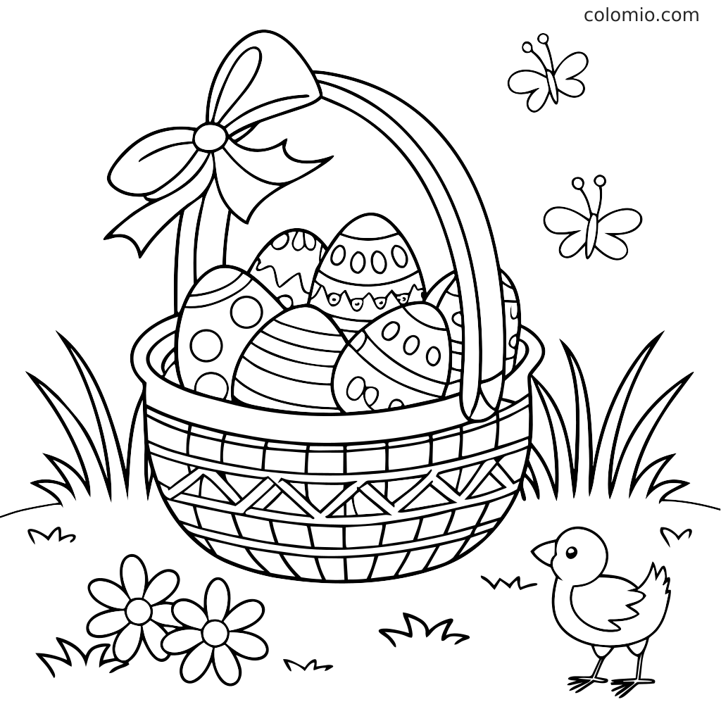 Ein Osterkorb voller gemusterter Eier mit einer Schleife obenauf, dazu Gras, Blumen, Schmetterlinge und ein kleines Küken in der Nähe.