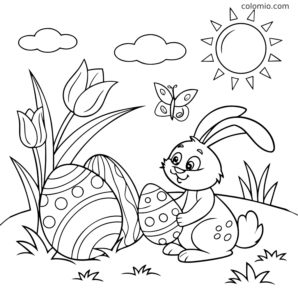 Ein Hase hält ein verziertes Osterei neben größeren gemusterten Eiern, Tulpen, einem Schmetterling, Wolken und einer Sonne.