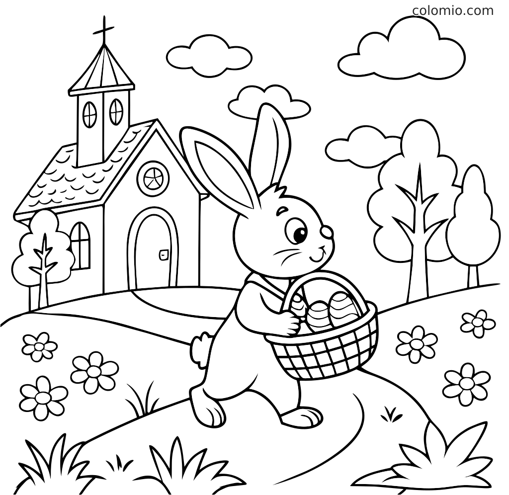 Osterhase mit einem Korb voller verzierter Eier steht auf einem Weg nahe einer Kirche, Bäumen, Blumen und Wolken.