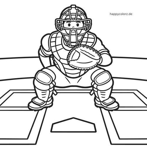 Ein Baseball-Catcher in voller Schutzausrüstung hockt frontal hinter der Homeplate und hält seinen Fanghandschuh nach vorn.