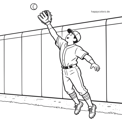 Ein Baseball-Outfielder streckt den Handschuh nach oben und fängt nahe am Outfield-Zaun einen hohen Ball.