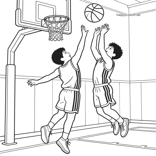Zwei Basketballspieler springen unter dem Korb nach dem Ball in einer detaillierten Szene auf einem Hallenfeld.