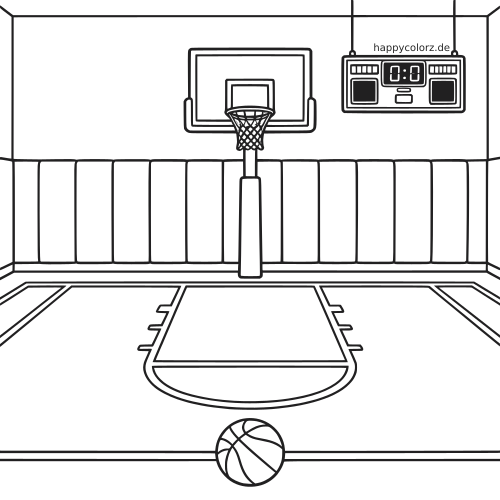 Schwarz-weißes Ausmalbild einer Basketballhalle mit Korb, Brett, Anzeigetafel und einem Basketball im Vordergrund.