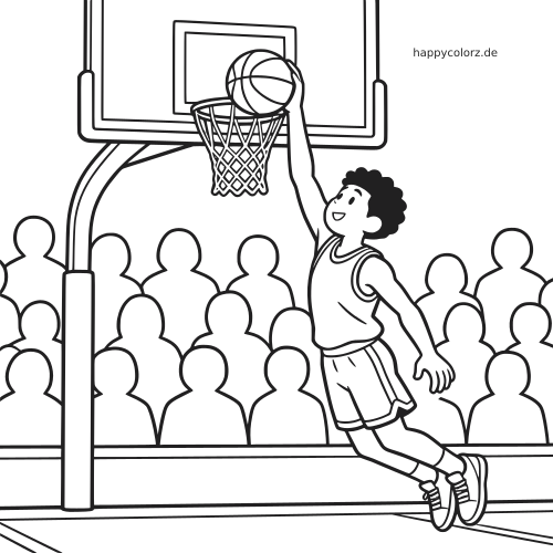 Ein Cartoon-Basketballspieler springt zum Korb und stopft den Ball hinein, vor einer einfachen Zuschauermenge im Hintergrund.