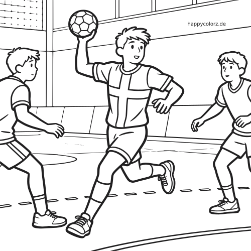 Schwarz-weiße Linienzeichnung eines dänischen Handballspielers beim Pass in einem Hallenspiel, mit zwei nahen Gegenspielern.