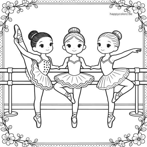 Schwarz-weißes Ausmalbild mit drei jungen Ballerinas in Posen an der Ballettstange, umrahmt von einem Blumenrand.