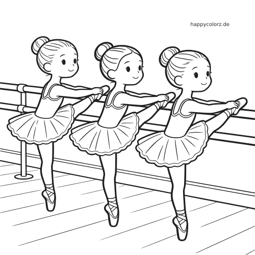 Drei junge Ballerinas im Tutu dehnen ein Bein an der Ballettstange in einer einfachen schwarz-weißen Zeichnung.