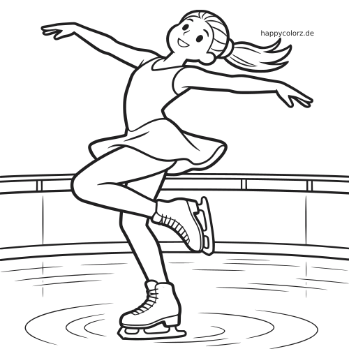 Eine Eiskunstläuferin dreht sich auf einem Bein auf der Eisbahn, mit ausgestreckten Armen und wehendem Pferdeschwanz.
