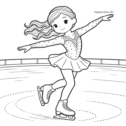 Eine Eiskunstläuferin dreht sich auf der Eisbahn und trägt ein verziertes Kleid mit Punkten sowie lange, wellige Haare.
