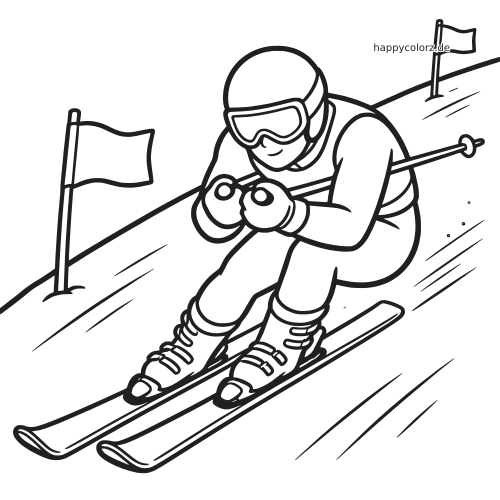 Ein alpiner Abfahrtsläufer im Cartoonstil fährt in Rennhaltung mit Helm und Skibrille zwischen Torstangen den Hang hinunter.