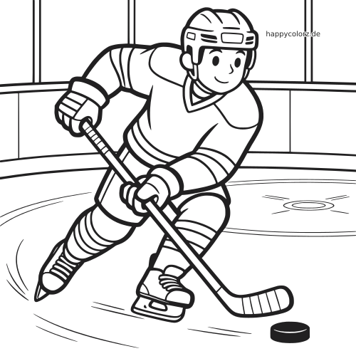 Ein Eishockeyspieler fährt auf dem Eis, trägt Helm und Schutzausrüstung und hält Schläger und Puck in der Hand.