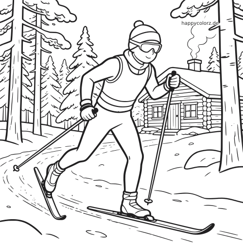 Ein finnischer Skilangläufer fährt auf einer verschneiten Waldstrecke an einer Blockhütte vorbei, als klare Schwarz-Weiß-Zeichnung.