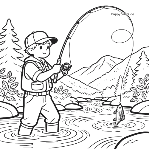 Ein Kind steht in einem Bach und hält eine gebogene Angelrute, während ein gefangener Fisch über dem Wasser hängt.