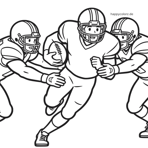 Schwarz-weiße Zeichnung eines Football-Runningbacks mit Ball, der nach vorn läuft, während zwei Gegenspieler ihn tackeln wollen.