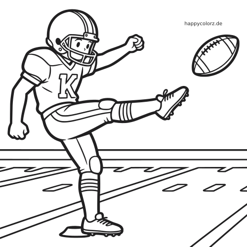 Schwarz-weißes Ausmalbild eines Footballspielers mit Helm und Trikot, der auf dem Spielfeld den Ball wegkickt.
