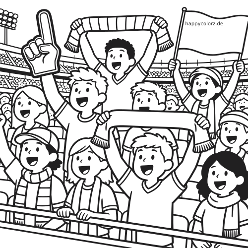 Schwarz-weißes Ausmalbild mit jubelnden Sportfans im Stadion, die Schals hochhalten, eine Fahne schwenken und einen Schaumstofffinger zeigen.